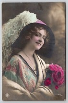 RPPC Pretty Edwardian Woman Large Hat Sweet Smile Portrait Flowers Postcard P28 - £13.35 GBP