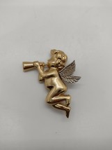 Vintage Gold Silver Tone Flying Wings Cherub Cupid Horn Trumpet Brooch Pin - £10.27 GBP