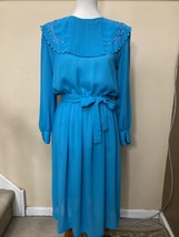 Vtg 80s Townhouse Modest Embroidered Bib Collar Secretary Dress Turquoise Belted - £23.67 GBP