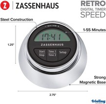 Zassenhaus Magnetic Retro Digital Kitchen Timer Speed 55 Minute 2.75-Inc... - £32.36 GBP