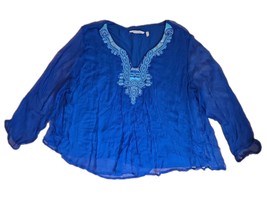 Soft Surroundings Embroidered Beaded Lined Gauzy Long Sleeve Top Cobalt ... - $29.99
