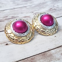 Vintage Clip On Earrings Bright Pink, Silver Tone &amp; Gold Tone Large Statement - £12.78 GBP