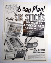 Six Sticks Pinball Flyer Original 1966 Hockey Team Sports Retro Vintage Promo - £22.07 GBP