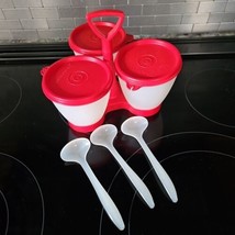 USA VINTAGE TUPPERWARE RED CONDIMENT CADDY WITH 3 CONTAINERS &amp; 3 LADLES - £21.66 GBP