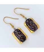 Earrings handmade bubble glass, brown with gold, rectangle - $30.04 CAD
