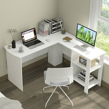 Large Modern L-shaped Computer Desk with 2 Cable Holes and 2 Storage Shelves-Wh - £159.69 GBP