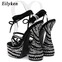 New CRYSTAL Chunky Heels Sandals Fashion Peep Toe Ankle Cross Lace-up Platform W - £61.59 GBP
