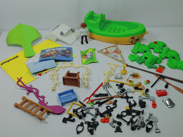 Vintage Geobra Playmobil Parts & Pieces Lot with Green Yellow Boat Tools Weapons - $14.95