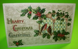 Christmas Postcard Embossed Hearty Greetings Holly Birds Series 2373 German 1911 - £10.49 GBP