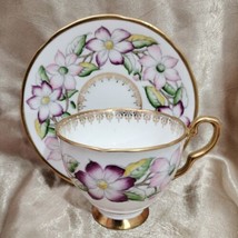 Royal Stafford England Tea Cup &amp; Saucer Bone China Pink, Purple Flower Gold Trim - £18.63 GBP