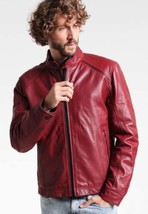 Men&#39;s Stylish Red Jacket Real Lambskin Leather Handmade New Biker Motorcycle - £86.23 GBP
