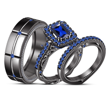 14K Black Gold Fn 925 Silver Emerald Blue Sapphire Bridal Set Engagement Ring - £104.25 GBP