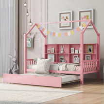 Wooden Twin Size House Bed with Trundle,Kids Bed with Shelf,Pink - £284.71 GBP