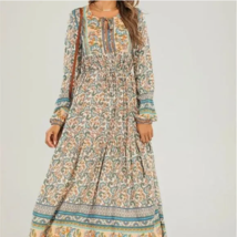 NWT! Trendy Boho Style Floral Long Sleeve Tie Neck Dress Gypsy Hippie 90... - £22.22 GBP