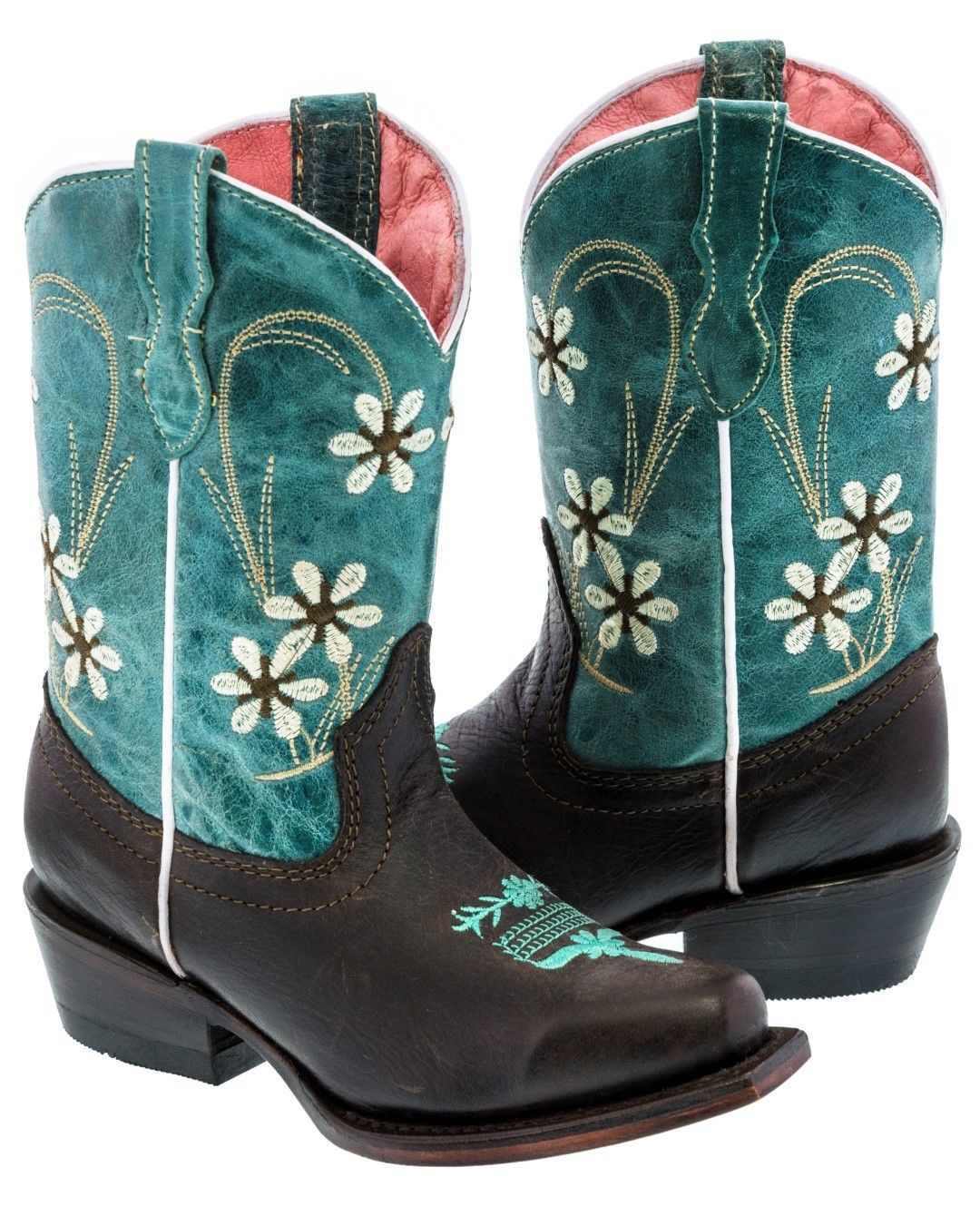 Primary image for Girls Teal Dark Brown Flower Embroidered Cowgirl Leather Boots Kids Snip Toe