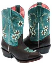 Girls Teal Dark Brown Flower Embroidered Cowgirl Leather Boots Kids Snip Toe - $52.24