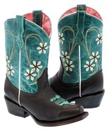 Girls Teal Dark Brown Flower Embroidered Cowgirl Leather Boots Kids Snip... - £41.52 GBP