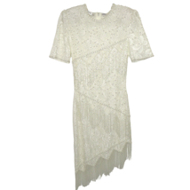 Vintage Scala Faux Pearl Beaded Fringe Asymmetric Hem Formal Dress Size S - $499.99