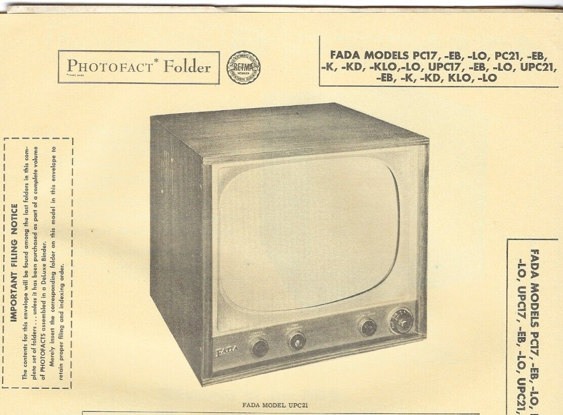 Primary image for 1956 FADA PC17 PC21 UPC21 TELEVISION Tv Photofact MANUAL PC17EB PC17LO PC21EB
