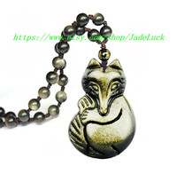Hand-carved obsidian amulet pendant fox natural gold fox pendants - £32.07 GBP