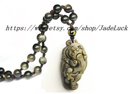 Hand-carved amulet Gold / Obsidian pi yao pendant natural gol - £24.12 GBP