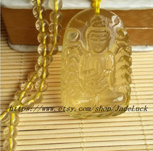 Natural citrine, hand-carved Guanyin Buddha amulet charm beaded necklace - £157.29 GBP