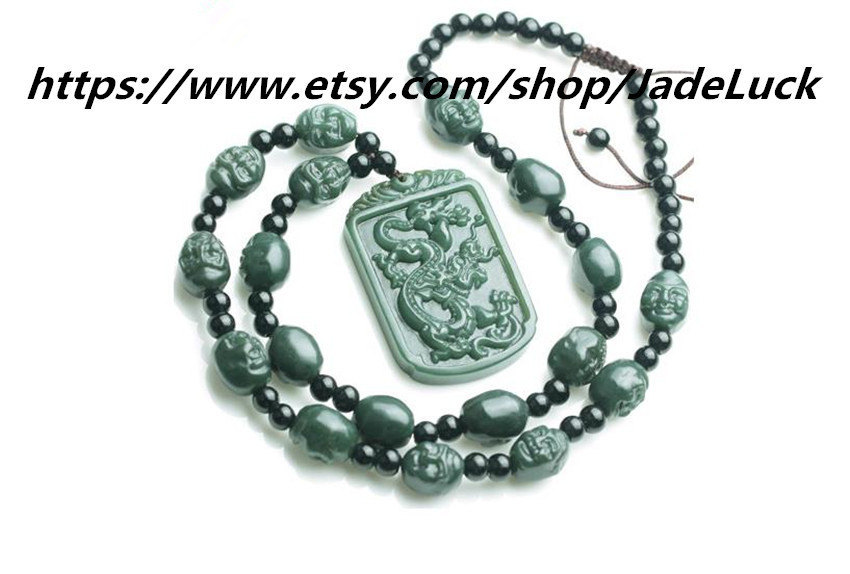 AAA grade natural hand-carved green jade 18 Buddha necklace / pendant dragon - £29.56 GBP