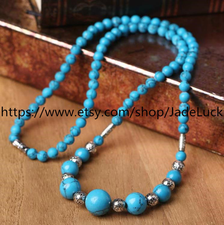 Tibetan Buddhist Meditation Yoga natural blue turquoise beads rosary bead neckla - $23.99