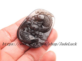 Natural ice kind of obsidian pendant pendant lotus carp jump - £26.27 GBP