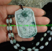 True jade Chinese dragon amulet pendant natural jade beaded necklace charm - £23.50 GBP