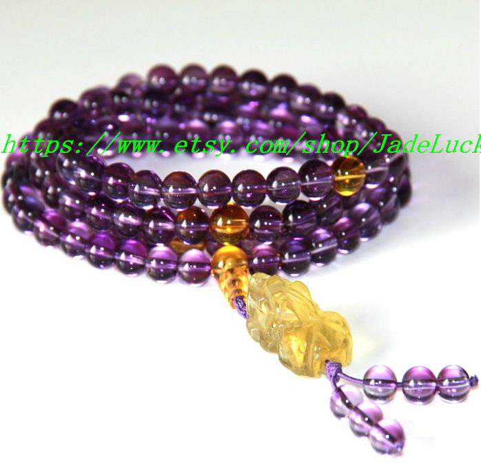 Natural amethyst / 108 pure dark purple yoga meditation beads charm necklace Pi  - $78.99