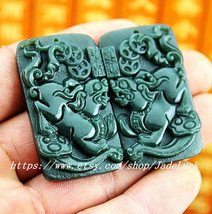 A pair of good luck hand-carved green jade carving real natural double Pi Yao am - $28.99