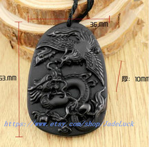 hand-carved obsidian &quot;dragon / phoenix / Lucky&quot; pendant beaded necklace - £19.01 GBP