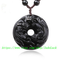 100% natural obsidian, hand-carved bicyclic Pi Yao amulet &quot;dual British luck&quot; pe - £23.59 GBP