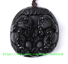 100% natural obsidian, hand-carved bicyclic Pi Yao amulet &quot;dual British luck&quot; pe - £23.96 GBP