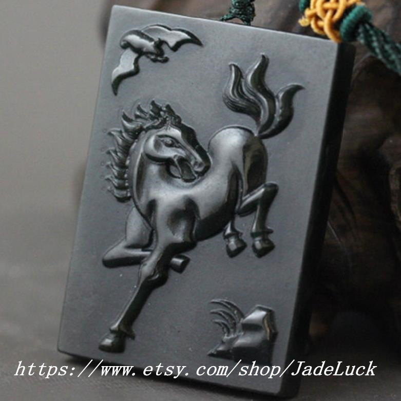 Hand carved natural Green jade jadeite pendant good luck charm horse pendants - £26.37 GBP