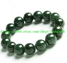 AAA grade 12 mm  ， 100% pure natural dark green jade beaded bracelet charm - £31.35 GBP