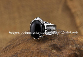Natural light / charm black onyx gemstone inlaid ring titanium steel section - C - £23.08 GBP