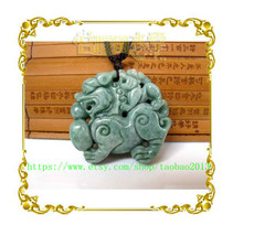 Natural Ice Green White jadeite jade . Charm jade pendant Two Pi Yao amulet pend - $23.99