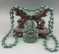 dark green jadeite jade luck "Guan Yu" charm pendant charm beaded neckalce - $28.99