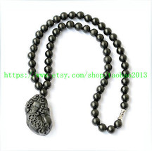 Noble black jade hand-carved black jade Pi Yao pendant / jade beaded necklace - £18.09 GBP