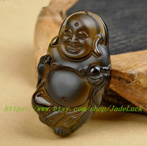 Natural brown obsidian amulet pendant / Maitreya / Laughing Buddha / Buddha bell - £23.56 GBP