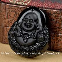 Natural Obsidian Buddha head pendant / Lucky Money Buddha Pendant - $26.99