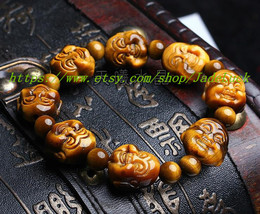 Natural yellow tiger eye hand-carved Buddha head bracelet - £47.95 GBP