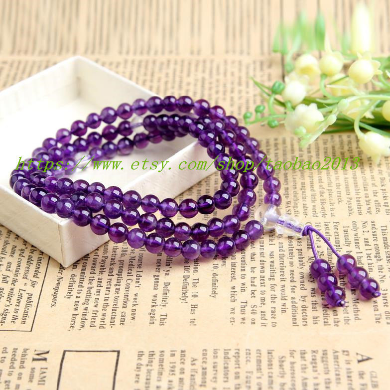 NATURAL Amethyst / pure Dark Purple Meditation Yoga 108 Prayer Beads charm Neckl - $66.89