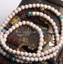Tibetan Buddhist Meditation Yoga 108 natural white turquoise bead rosary necklac - $26.99
