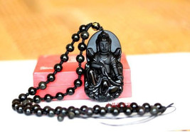 Natural obsidian pendant necklace men free Guanyin Buddha natal beaded pendant - £29.75 GBP