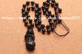 Elegant hand-carved obsidian Pi Yao pendant / bead necklace - £26.14 GBP
