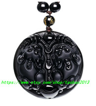 Elegant hand-carved obsidian Pi Yao pendant / bead necklace - £21.38 GBP
