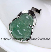 925 sterling silver inlaid jade A cargo jade pendant necklace Maitreya Buddha - £19.17 GBP